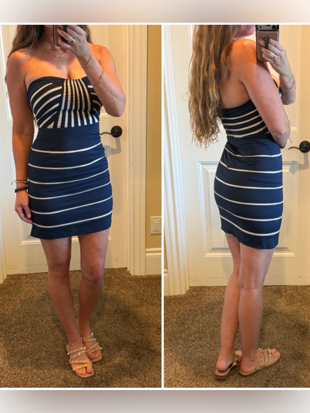 *5 for $20* Minuet Petite Strapless Navy and White Striped Bodycon Dress